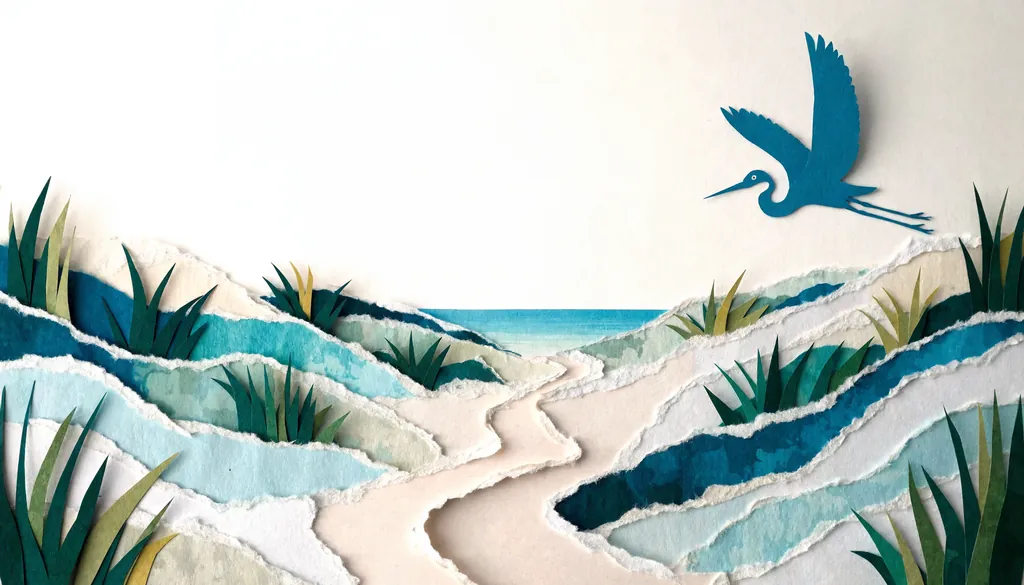 Cut-paper collage from shoreline to horizon